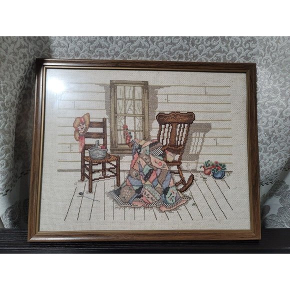 Aunt VERDI'S porch Cross Stitch Rocking Chair Framed Wall Art- Paula Vaughan - Picture 1 of 12